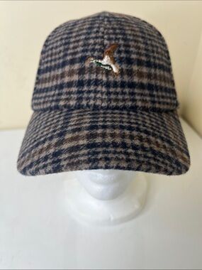 H&M Brown and Navy Plaid Wool Baseball Cap with Embroidered Bird Adjustable